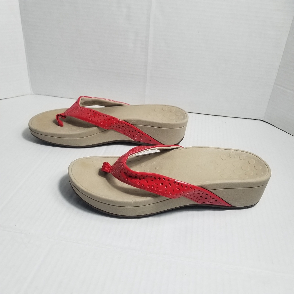 Vionic Red Thong Wedge Sandals with Tan Footbed